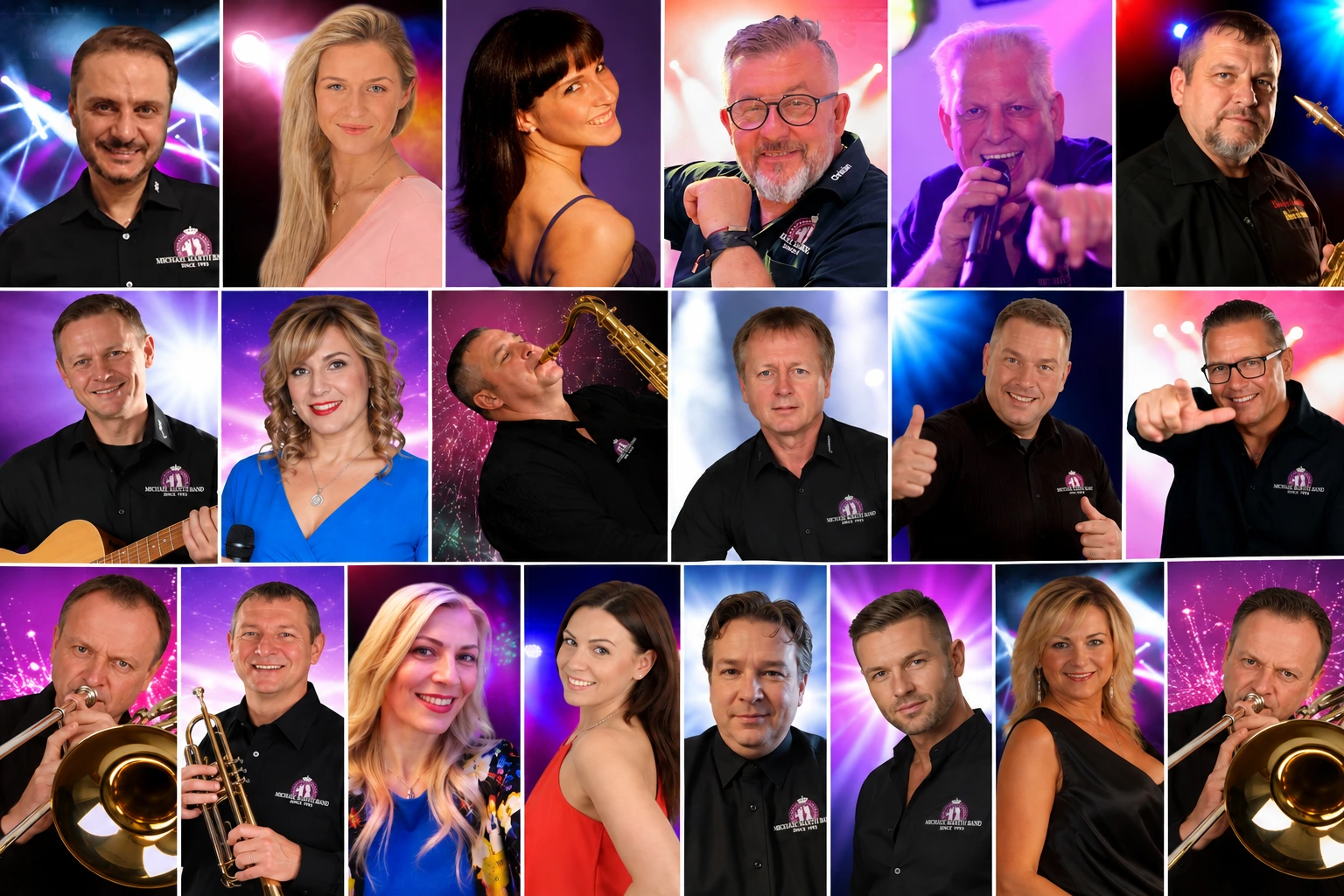 Collage mit Porträts einer Liveband, Sänger und Musiker mit Instrumenten.